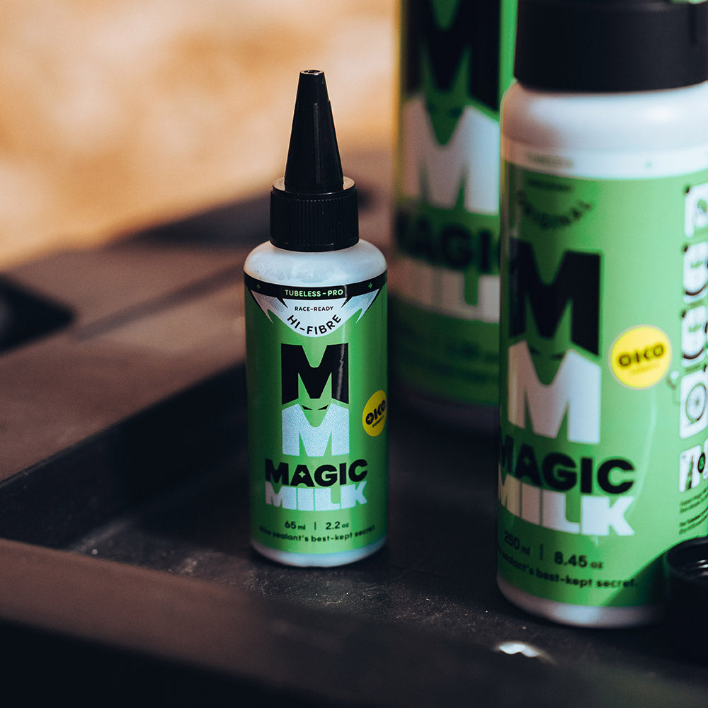 Magic Milk Tubeless-Pro Hi-Fibre sealant in use — MTB, gravel and road tubeless riding