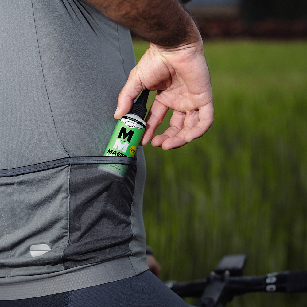 Magic Milk Tubeless-Pro Hi-Fibre sealant in use — MTB, gravel and road tubeless riding