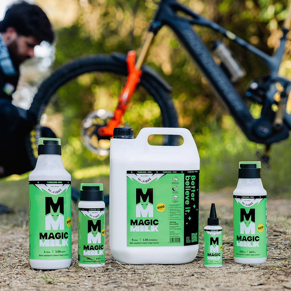 Magic Milk Tubeless-Pro Hi-Fibre sealant in use — MTB, gravel and road tubeless riding