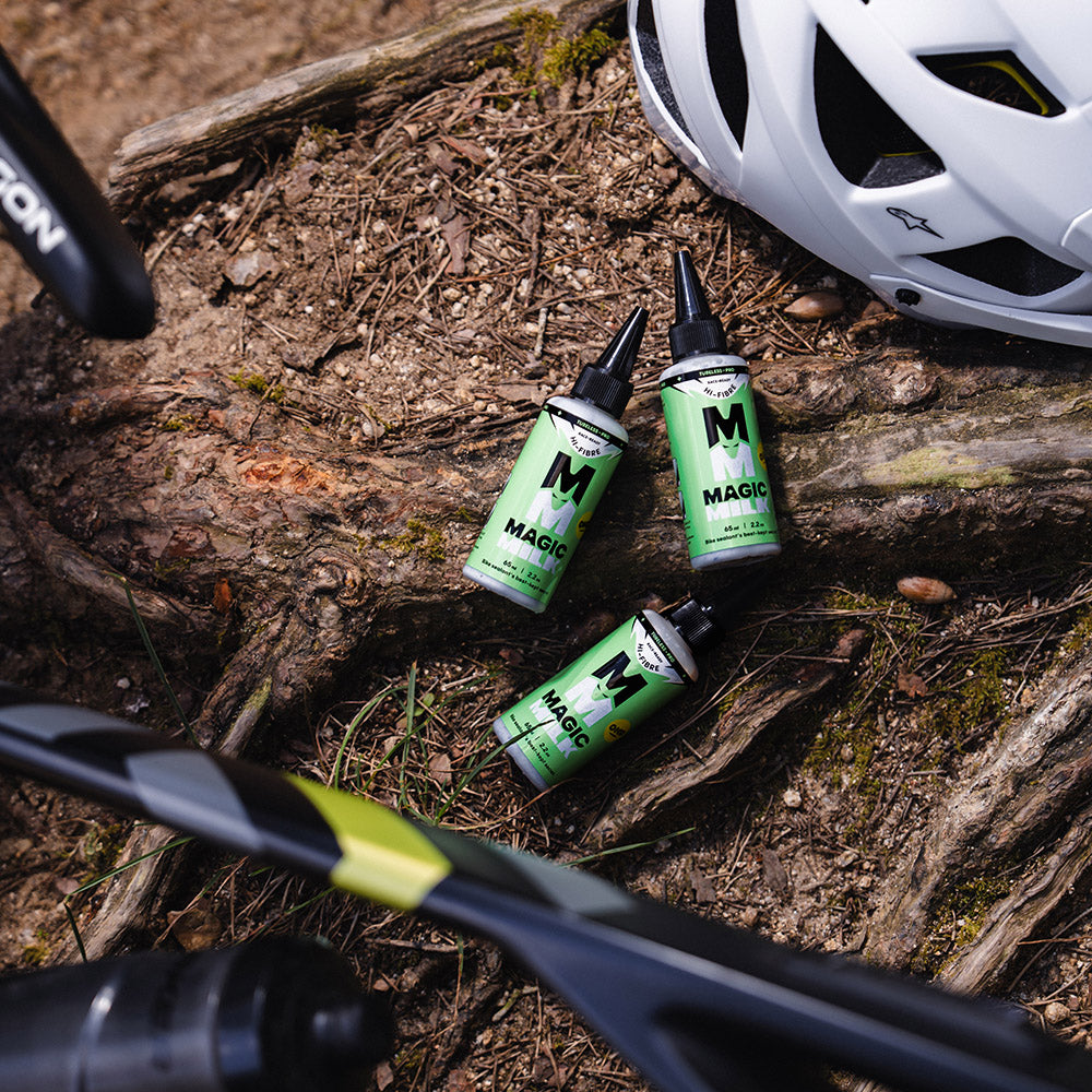 Magic Milk Tubeless-Pro Hi-Fibre sealant in use — MTB, gravel and road tubeless riding