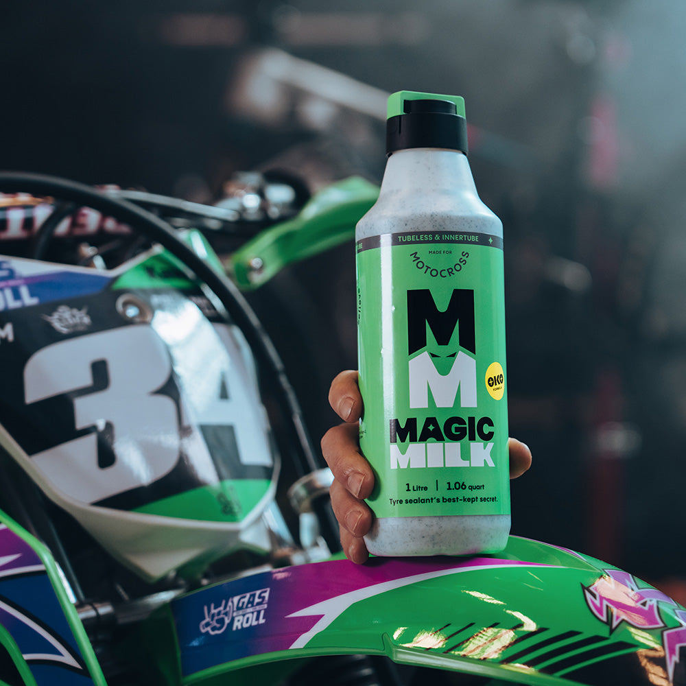 Magic Milk Off-Road Moto sealant in use — motocross, enduro and trials riding